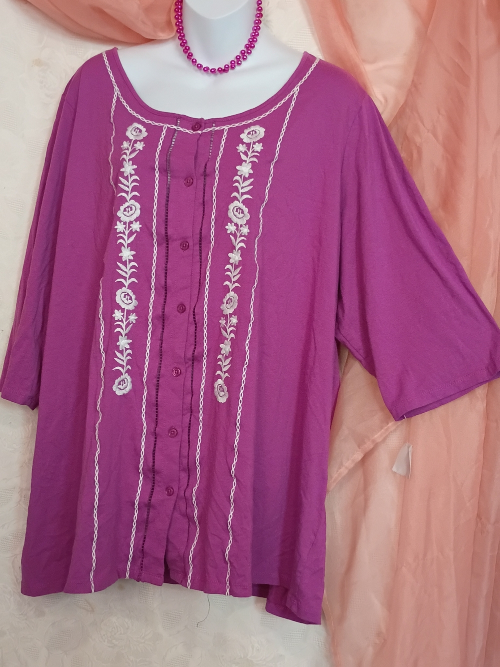 Woman Within Ladies Purple Button-Front Embroidered Blouse Sz 2X